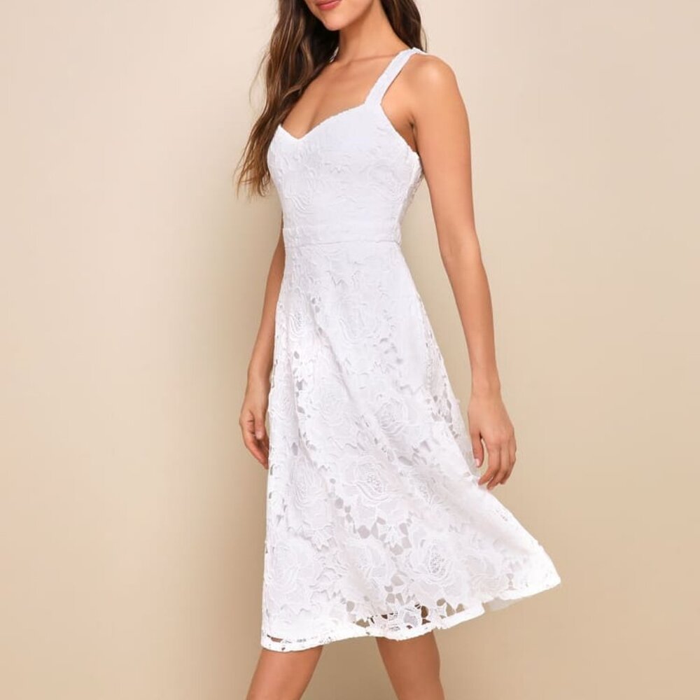Lulus Divine Beauty White Lace Midi Dress With Pockets NWOT
